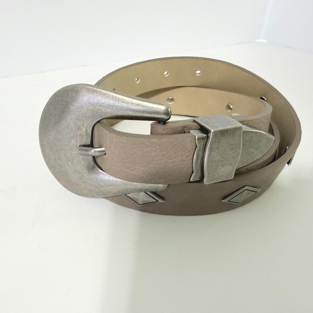 Risantry Women Taupe Faux Leather Western Diamond Studded Belt XL Silver Buckle